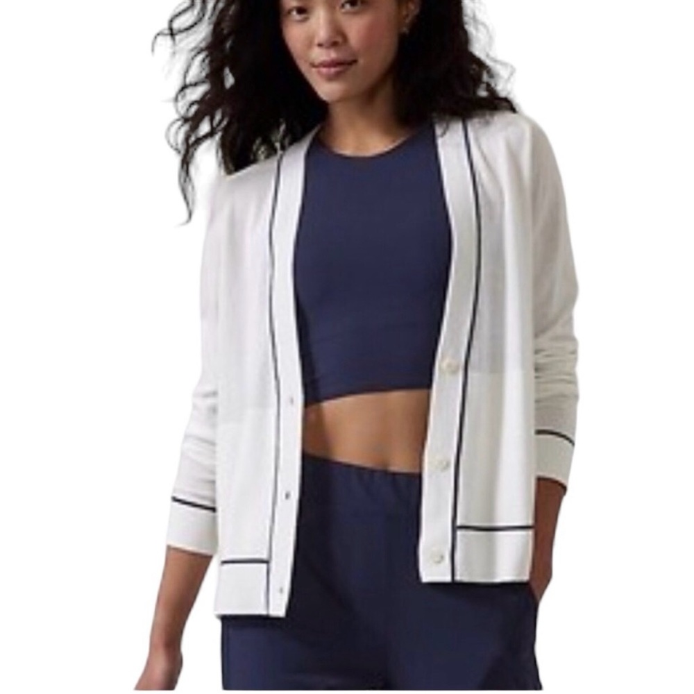 Athleta White and Black Contrast V-Neck Cardigan Sweater Wool Blend Size Medium